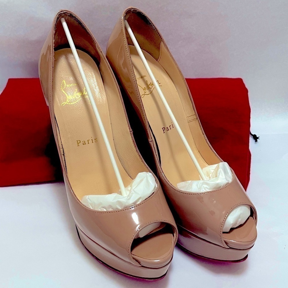 Christian Louboutin, Lady Peep 140 Nude Patent peep toe pump. EU 39.5 - Picture 4 of 13